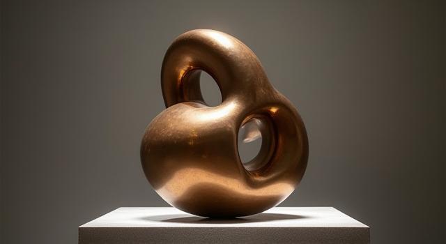 Elegant, abstract artisan sculpture made of burnished metal, placed on a plinth.